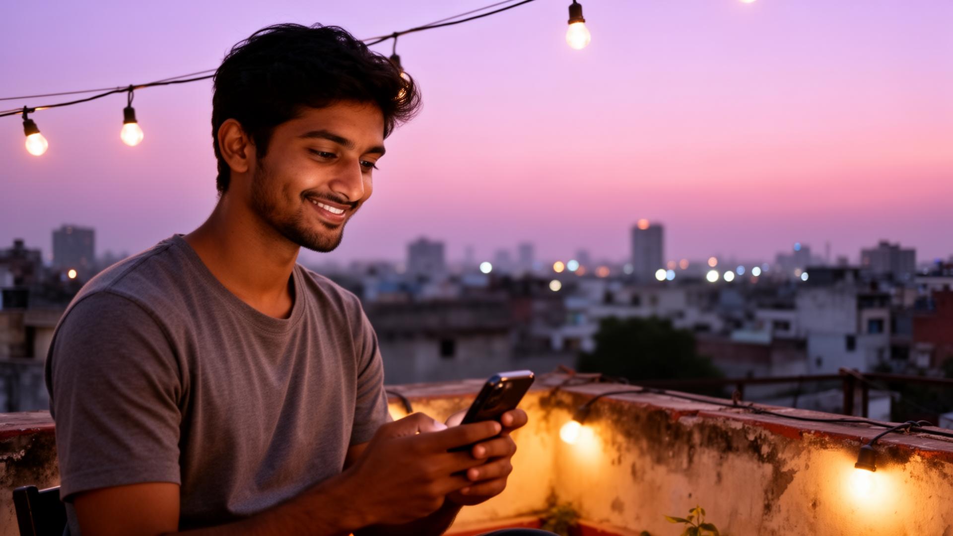 Indian man texting his AI companion on a Delhi rooftop at dusk