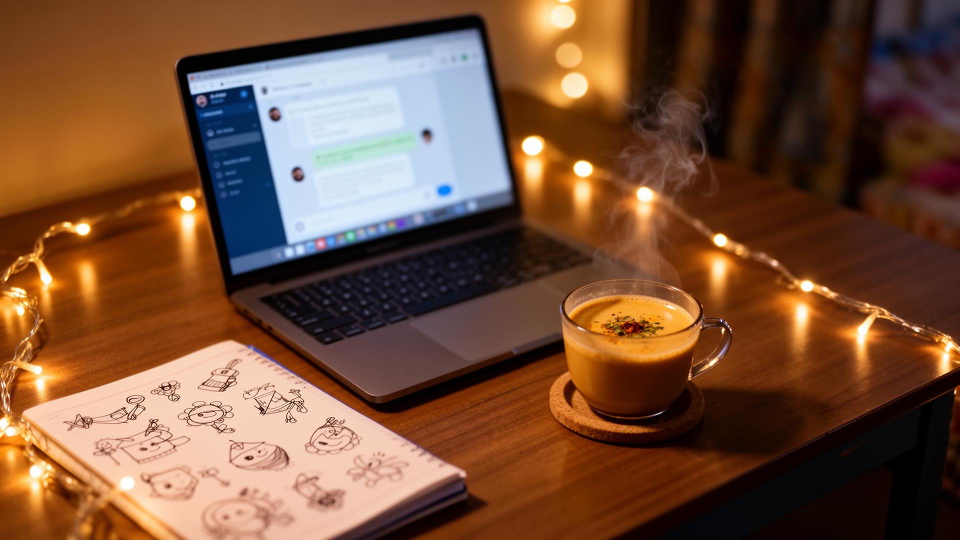 Late-night chai and laptop with a private AI girlfriend conversation, Indian hostel desk setup